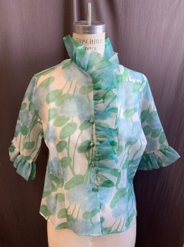 Womens, Blouse, ALICE STUART, Off White, Lt Blue, Sea Foam Green, Synthetic, Floral, Leaves/Vines , W36, B40, 3/4 Sleeves, Button Front, Self Shank Buttons, Ruffle Front and Sleeves