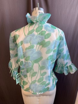 ALICE STUART, Off White, Lt Blue, Sea Foam Green, Synthetic, Floral, Leaves/Vines , 3/4 Sleeves, Button Front, Self Shank Buttons, Ruffle Front and Sleeves