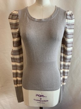 MARC BY MARC JACOBS, Taupe, Cream, Gold, Cotton, Cashmere, Solid, Stripes, Crew Neck, Stripe Long Sleeves, Ribbed
