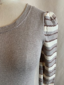 MARC BY MARC JACOBS, Taupe, Cream, Gold, Cotton, Cashmere, Solid, Stripes, Crew Neck, Stripe Long Sleeves, Ribbed