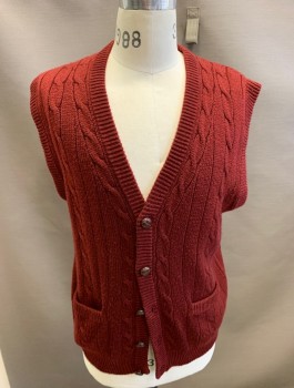 Mens, Vest, TOWN CRAFT, Maroon Red, Acrylic, Cable Knit, L, Cardigan with 5 Button Closure. 2 Pockets