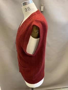 Mens, Vest, TOWN CRAFT, Maroon Red, Acrylic, Cable Knit, L, Cardigan with 5 Button Closure. 2 Pockets
