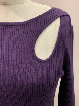 INC, Dk Purple, Polyester, Solid, Round Neck, L/S, Cutout At Left Bust,
