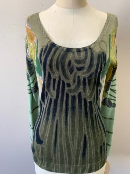 AOYAMA ITCHOME, Olive Green, Black, Mint Green, Green, Yellow, Lyocell, Cotton, Abstract , Floral, Wide Neck, Long Sleeves,