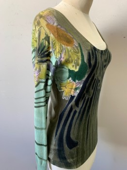 AOYAMA ITCHOME, Olive Green, Black, Mint Green, Green, Yellow, Lyocell, Cotton, Abstract , Floral, Wide Neck, Long Sleeves,