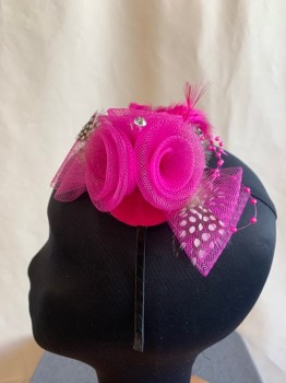 Womens, Fascinator, N/L, Fuchsia Pink, Black, White, Beige, Plastic, Feathers, Solid, Polka Dots, Headband Festooned with 3 Horsehair Rosettes and Bows, Dotted and Hot Pink Chicken Feathers and Some Small Pink Plastic Pearls