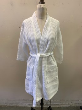 Womens, SPA Robe, NORDSTROM, White, Cotton, Plaid-  Windowpane, Textured Fabric, OS, 2 Pockets, Belt Separate, Shawl Collar