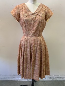 Womens, Cocktail Dress, N/L, Beige, Rust Orange, Silk, Floral, W:26, B:36, Lace, S/S, V-Neck, 2 Self Decorative Tabs at Neckline, Pleated at Front Waist, A-Line, Knee Length, Side Zipper