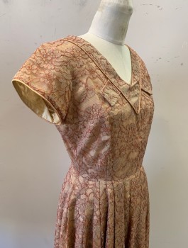 Womens, Cocktail Dress, N/L, Beige, Rust Orange, Silk, Floral, W:26, B:36, Lace, S/S, V-Neck, 2 Self Decorative Tabs at Neckline, Pleated at Front Waist, A-Line, Knee Length, Side Zipper