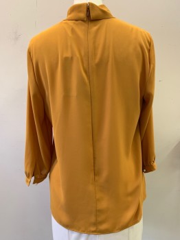 KARL LAGERFIELD, Mustard Yellow, Polyester, Solid, Neck Tie Attached, Key Hole, Long Sleeves, Zip Back
