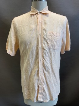  SAKS FIFTH AVE, Lt Orange, Linen, Solid, S/S, Button Front, Collar Attached, Chest Pocket
