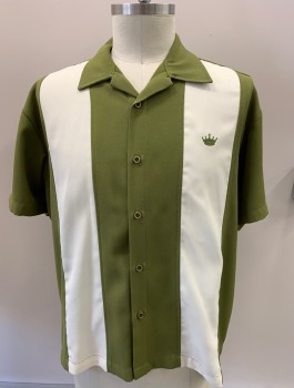 STEADY, Avocado Green, Ivory White, Polyester, Color Blocking, Button Front, S/S, C.A., Crepe