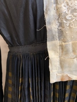 Womens, Dress 1890s-1910s, N/L, Black, Brown, Ecru, Silk, Wool, Solid, Patchwork, W:28, B:34, Bodice Portion is Cotton with Silk Satin Sleeves in Not Matching Black, Ecru Lace Modesty Panel with Tiny Snaps at Front, Square Neck, Accordion Pleated Wool Skirt with Brown Checked Pattern,