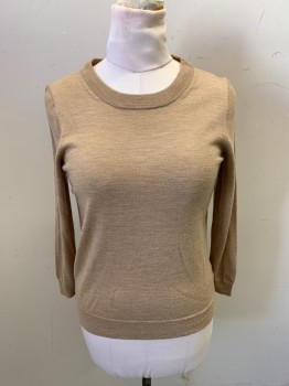 J CREW, Tan Brown, Acrylic, Heathered, Solid, Long Sleeves, Crew Neck, Ribbed Collar Cuffs Waistband
