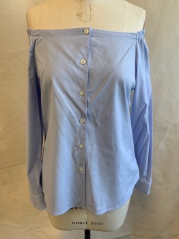 THEORY, Sky Blue, Cotton, Elastane, Solid, Off the Shoulder, Elastic at Neckline, Button Front, Long Sleeves