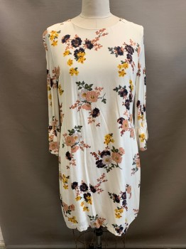 SANCTUARY, White, Dusty Pink, Midnight Blue, Olive Green, Lt Gray, Polyester, Floral, Boat Neckline, Bell Sleeves, Long Sleeves, Zip Back, Hem Above Knee