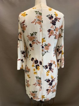 SANCTUARY, White, Dusty Pink, Midnight Blue, Olive Green, Lt Gray, Polyester, Floral, Boat Neckline, Bell Sleeves, Long Sleeves, Zip Back, Hem Above Knee