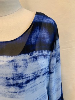 ALFANI, Navy Blue, Blue, Lt Blue, Polyester, Stripes, Tie-dye, Chiffon, Scoop Neck, Bell Sleeve with Asymmetrical Hem, Elastic Gathered Waist Attached to Solid Navy Camisole