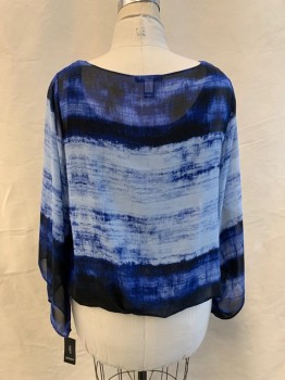 ALFANI, Navy Blue, Blue, Lt Blue, Polyester, Stripes, Tie-dye, Chiffon, Scoop Neck, Bell Sleeve with Asymmetrical Hem, Elastic Gathered Waist Attached to Solid Navy Camisole