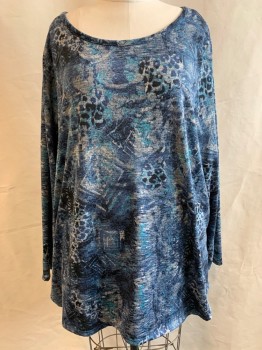 BASIC EDITIONS, Gray, Dk Blue, Aqua Blue, Black, Polyester, Spandex, Animal Print, Geometric, Jersey Fabric, Scoop Neckline, Long Sleeves, Leopard Print, Abstract Shapes