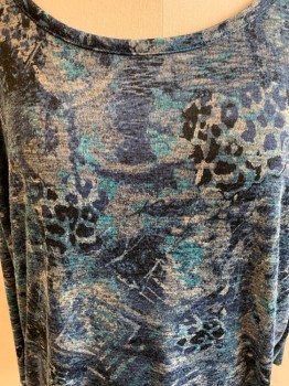 BASIC EDITIONS, Gray, Dk Blue, Aqua Blue, Black, Polyester, Spandex, Animal Print, Geometric, Jersey Fabric, Scoop Neckline, Long Sleeves, Leopard Print, Abstract Shapes