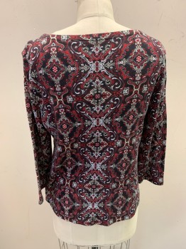 CHARTER CLUB, Black, Red, White, Cotton, Abstract , L/S, CN, 3 Buttons at Shoulder