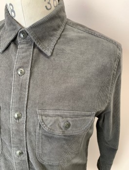 J CREW, Gray, Cotton, Elastane, Solid, L/S, B.F., Chest Pockets With Button Flaps, Corduroy, Back Box Pleat, Gray Plastic Buttons, Classic Fit