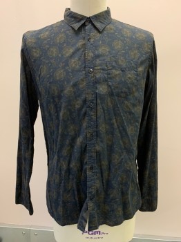 ALL SAINTS, Navy Blue, Putty/Khaki Gray, Red Burgundy, Cotton, Floral, L/S, Button Front, Collar Attached, Chest Pocket