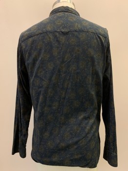 ALL SAINTS, Navy Blue, Putty/Khaki Gray, Red Burgundy, Cotton, Floral, L/S, Button Front, Collar Attached, Chest Pocket