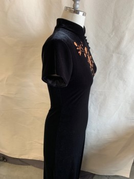 ARIANNA, Black, Bronze Metallic, Polyester, Spandex, Floral, Solid, Velvet/Satin Fabric, Mandarin Collar, S/S, Asian Inspired, 4 Buttons, Embroidered Flowers, Zipper At Back Slit At Side