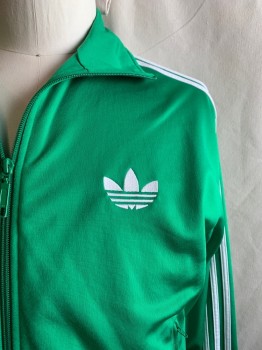ADIDAS, Kelly Green, White, Polyester, Solid, Stripes, Green with 3 White Stripe, 2 Zip Pockets, Zip Front