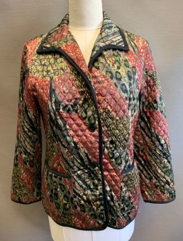 Womens, Jacket, RAFAEL, Maroon Red, Black, Taupe, Sage Green, Tan Brown, Polyester, Abstract , B40-42, Sz.12, Quilted Satin, Black Trim, 3 Button Front, Collar Attached, 2 Patch Pockets, Black Lining,