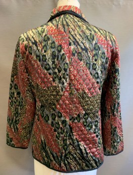 Womens, Jacket, RAFAEL, Maroon Red, Black, Taupe, Sage Green, Tan Brown, Polyester, Abstract , B40-42, Sz.12, Quilted Satin, Black Trim, 3 Button Front, Collar Attached, 2 Patch Pockets, Black Lining,