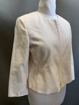 AKRIS, Lt Pink, Silk, Solid, Horizontal Rib Texture, Zip Front with Silver O Ring, Round Neck, No Lapel, Peplum Ruffle at Back Waist