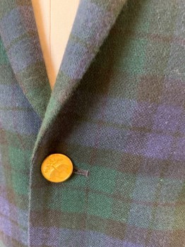 BROOKS BROTHERS, Navy Blue, Forest Green, Black, Wool, Plaid, Single Breasted, Notched Lapel, 2 Buttons, 3 Pockets