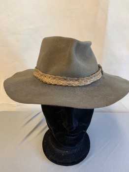 Mens, Cowboy Hat, AKUBRA, Tobacco Brown, Wool, Leather, Solid, 7 1/4, Aged, Tan Leather Braided Band with Brass Buckle