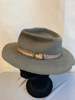 Mens, Cowboy Hat, AKUBRA, Tobacco Brown, Wool, Leather, Solid, 7 1/4, Aged, Tan Leather Braided Band with Brass Buckle