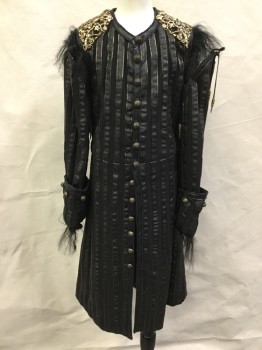 Childrens, Sci-Fi/Fantasy Coat/Jacket, MTO, Black, Gold, Brass Metallic, Polyester, Metallic/Metal, Stripes - Vertical , 30C, 1700'S, Button Front, Crew Neck, Long Sleeves Cuffed, Heavy Filigree  Epaulets, Lacing/Ties on Sleeves, Belt Loops, Fur at Shoulders and Cuffs, Pinked Leather Trim