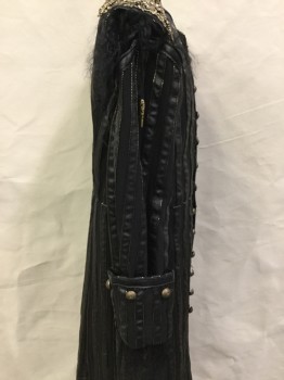 Childrens, Sci-Fi/Fantasy Coat/Jacket, MTO, Black, Gold, Brass Metallic, Polyester, Metallic/Metal, Stripes - Vertical , 30C, 1700'S, Button Front, Crew Neck, Long Sleeves Cuffed, Heavy Filigree  Epaulets, Lacing/Ties on Sleeves, Belt Loops, Fur at Shoulders and Cuffs, Pinked Leather Trim
