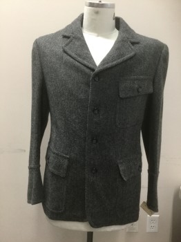 Mens, Jacket 1890s-1910s, N/L, Gray, Black, Wool, Herringbone, 40, 4 Button Front, Notched Lapel, 3 Pockets, Made To Order