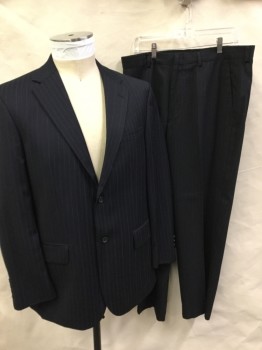 NAUTICA, Midnight Blue, Gray, Wool, Stripes - Pin, Single Breasted, 2 Buttons,  Notched Lapel, 3 Pockets,