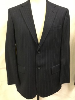 NAUTICA, Midnight Blue, Gray, Wool, Stripes - Pin, Single Breasted, 2 Buttons,  Notched Lapel, 3 Pockets,