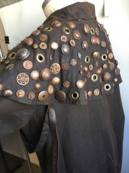 Mens, Coat, N/L, Dk Brown, Brass Metallic, Cotton, Solid, 54, Duster, Oiled Cotton, Snap Front, Collar Attached,  Assorted Brass Button Applique & Grommet Detail On A Detachable Capelet, Aged/Distressed