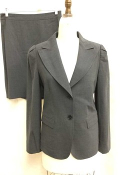 DKNY, Charcoal Gray, Wool, Spandex, Solid, Single Breasted, CA,  Peaked Lapel, 2 Buttons,  3 Pockets, Pleated Shoulder