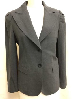 DKNY, Charcoal Gray, Wool, Spandex, Solid, Single Breasted, CA,  Peaked Lapel, 2 Buttons,  3 Pockets, Pleated Shoulder