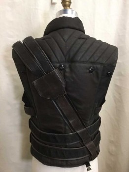 NO LABEL, Brown, Black, Leather, Cotton, Zip Front, Silver And Black Metal Hardware, Nylon/leather Horizontal Straps, Padded Quilting At Neck And Back Yoke, Mesh Side Panels, Buckles, Velcro Along Hem, Works with FC015643 Red Cape