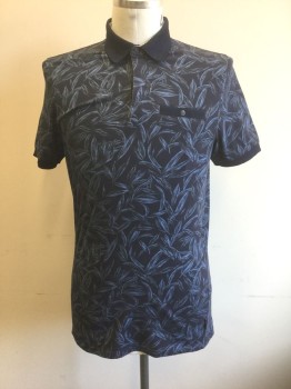 TED BAKER, Navy Blue, Periwinkle Blue, Gray, Cotton, Spandex, Floral, Navy with Periwinkle and Gray Leaves Pattern Jersey, Short Sleeves, Solid Navy Collar and Cuffs, Solid Navy Welt Pocket at Chest