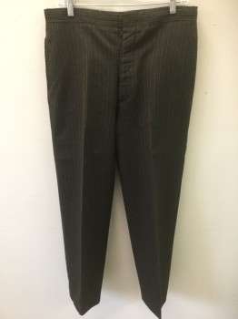 Mens, Pants 1890s-1910s, MTO, Dk Brown, Lt Gray, Wool, Stripes - Pin, 33/30, Made To Order, Button Fly,  Suspender Buttons, Mended Hole Right Backside,