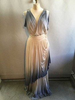 NO LABEL, Steel Blue, Cream, Silver, Silk, Grecian Style Dress, Draped Ombre Fabric with Satin Structured Sewn In Bust, Sleeveless, Draped Surplice V-neck, Silver Ornate Shoulder Medallions, 2 Tier Skirt, Cutout Shoulders, Side Zipper