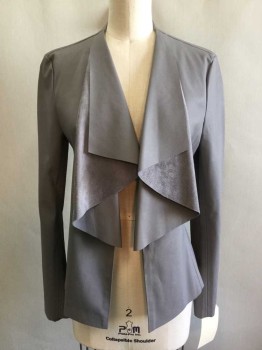 ZARA, Gray, Leather, Solid, Text, LEATHER JACKET:  Gray Texture, Collar Attached Ruffle Front, Open Front, Long Sleeves, No Lining